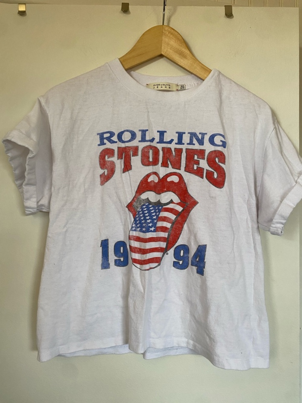 Alice + Olivia White Rolling Stones Tee with Red and Blue Graphic